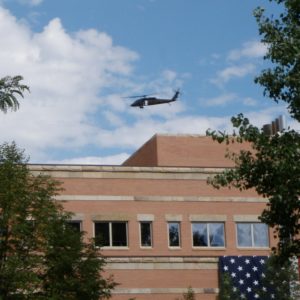 President Obama's helicopter over the NESB building