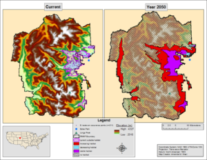 Current and year 2050 bioclimatic niche of B. tectorum (cheatgrass) in Rocky Mountain National Park