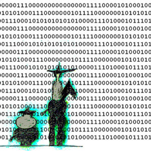 Cartoon of 1's and 0's with bewildered people