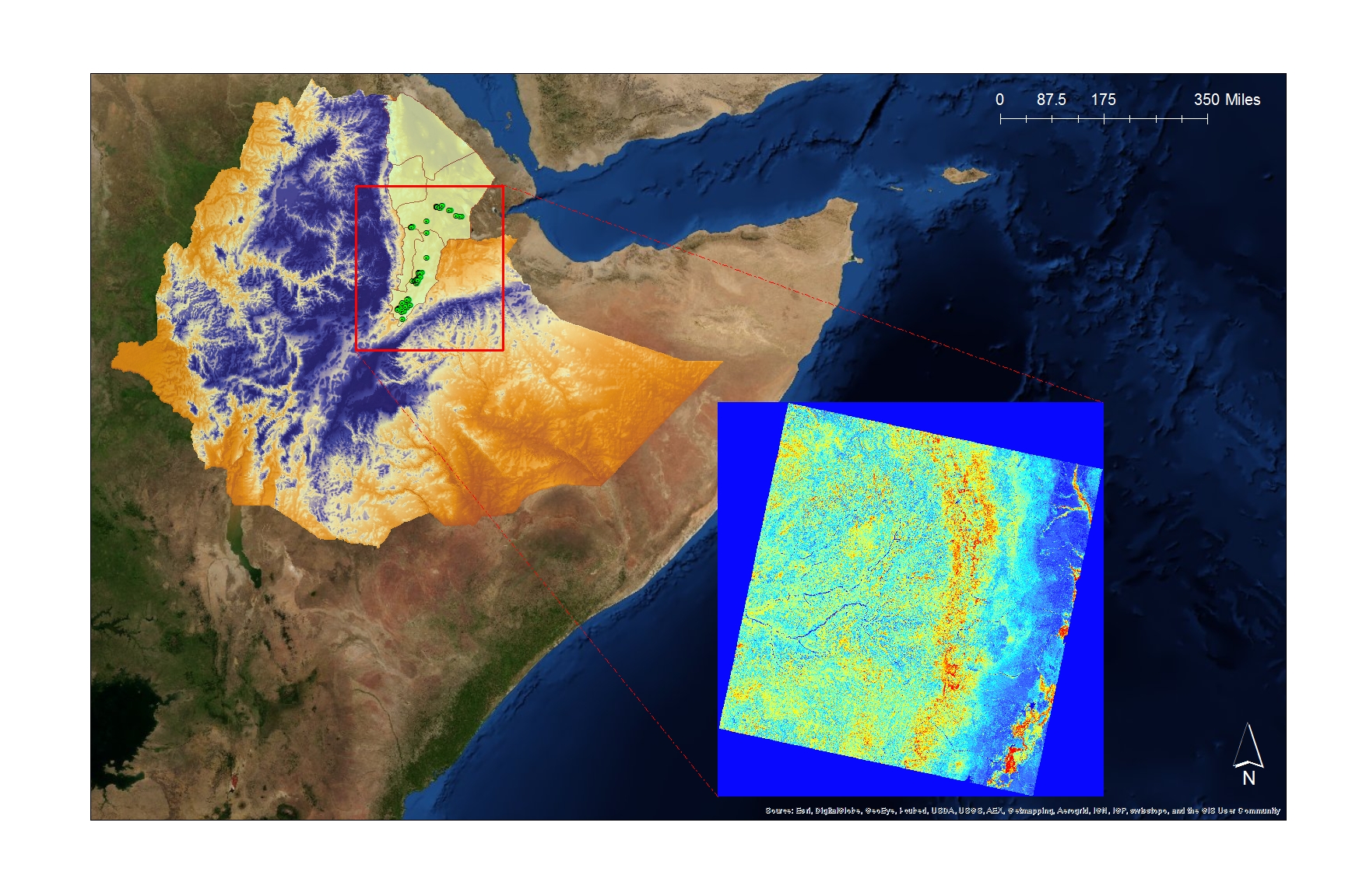 Thirty-meter digital elevation model of Ethiopia with invasive mesquite occurrence (green points) across study region, and enlargement of individual Landsat 8 model predictor (NDVI).