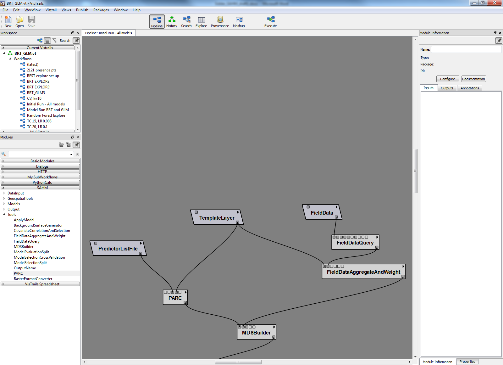 Figure 2: The SAHM canvas with data input and pre-processing tools highlighted.