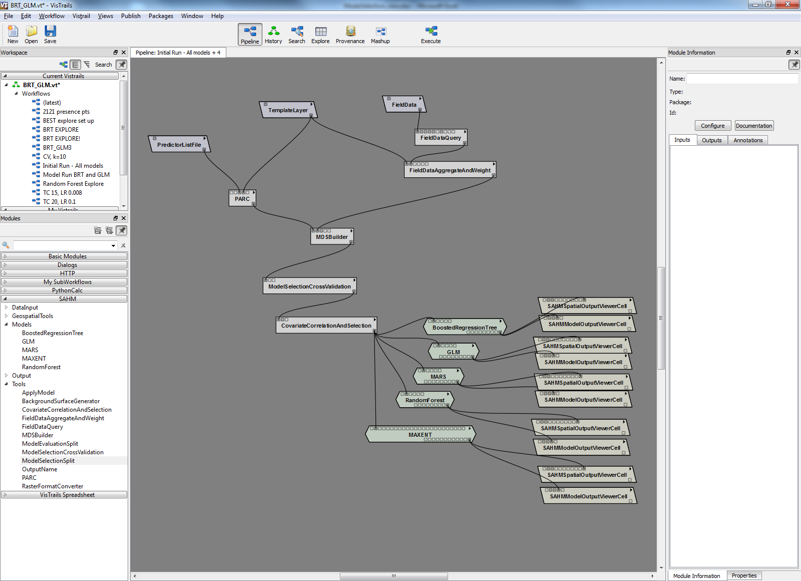 Figure 3: The SAHM canvas displaying a full modeling procedure with pre-processing, covariate correlation, and five species distribution models.