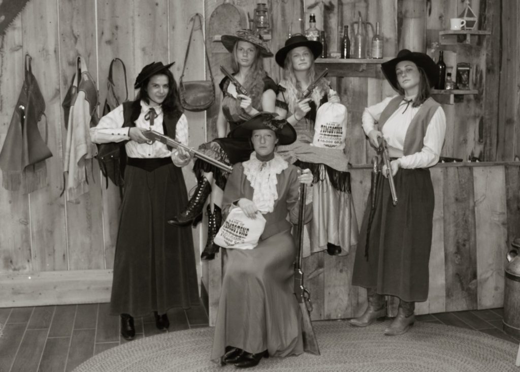 Some of the 2017 horse and burro field crew in period dress. Left to right are: Louise Prevot, Brianna Brodowski, Savanna Summers, Macie Smith, and Kelly Hood