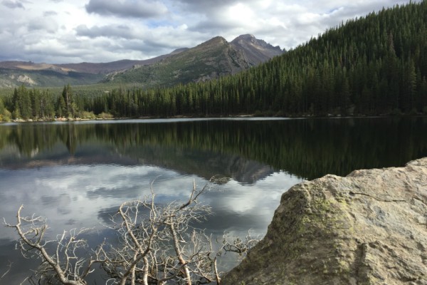 Mountain lake with reflection of mountains.